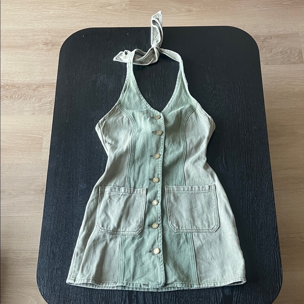 Nasty Gal Sage Green Denim Halter Mini Dress